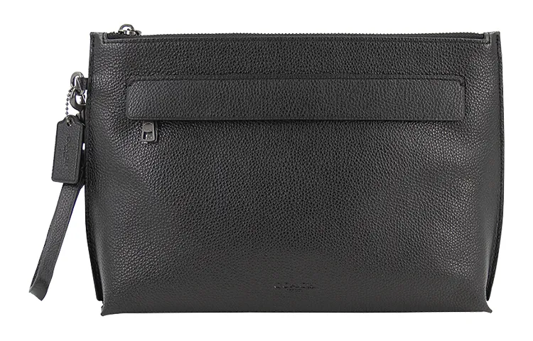 COACH Pouch Polished Pebbled Leather Wrist Bag Clutch Large Men's Black