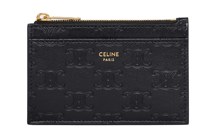 CELINE Triomphe Calfskin Zip Card Holder Women's Black