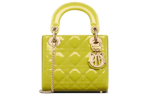DIOR Lady Dior Patent Leather, Cow Leather Handbag, Shoulder Bag, Crossbody Bag Mini Women's Green Yellow