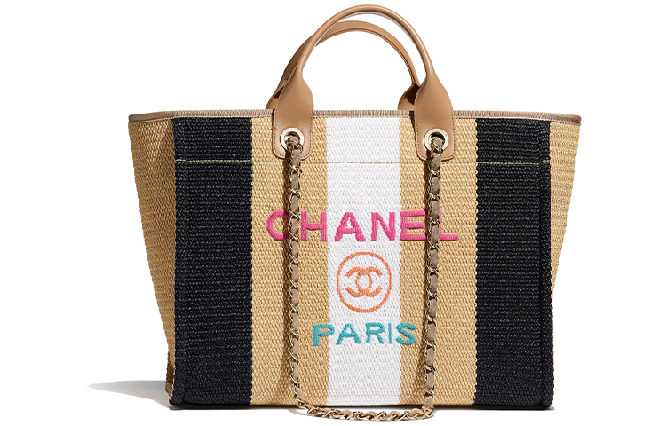 CHANEL Viscose Cotton Calfskin Beach Bag, One Shoulder Handbag Women's Beige Black