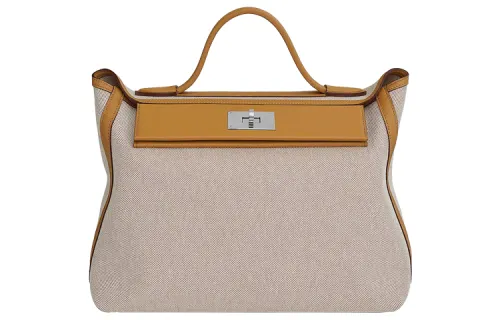 HERMES 24/24 Canvas With Swift Calfskin Handbag Women's Light Beige & Cookie