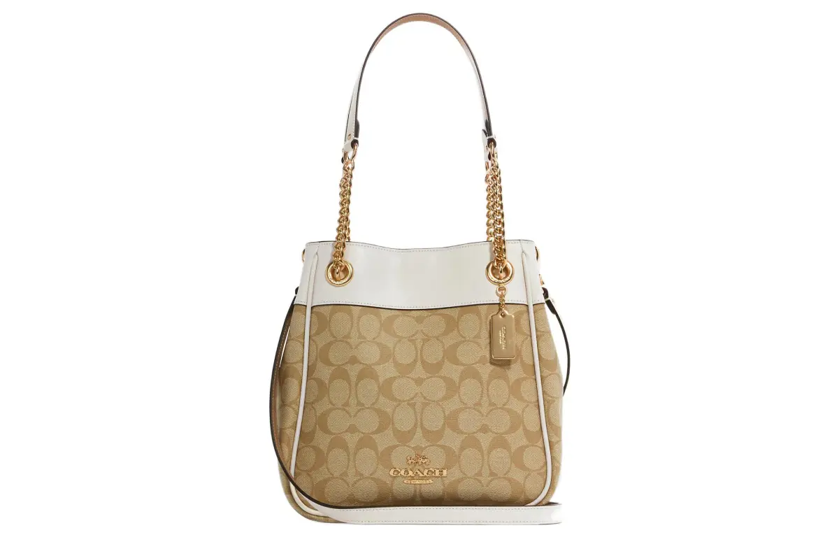 COACH Canvas With Leather Bucket Bags Crossbody Bag, Shoulder Bag Women's Khaki & White