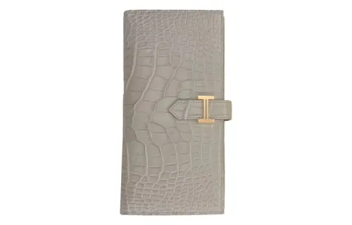 HERMES Bearn Crocodile Leather Wallet Women's Pearl Gray