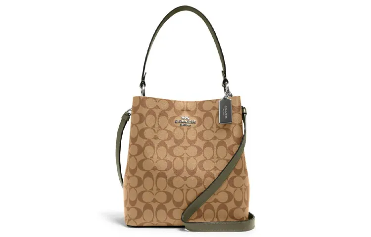 COACH Town Canvas With Leather Bucket Bag, Handbag, Shoulder Bag, Crossbody Bag Medium Women's Khaki