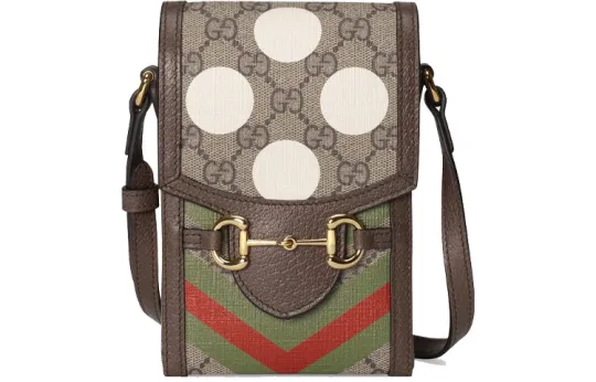 GUCCI Horsebit 1955 Canvas With Leather Cell Phone Pouch, Shoulder Bag, Crossbody Bag Mini Unisex Ebony/Brown