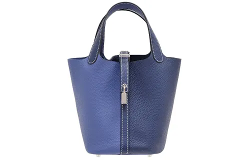 HERMES Picotin Lock Clemence Bullock Leather Basket Bag, Bucket Bag, Handbag 18 Women's Sapphire Blue/Blue Gray