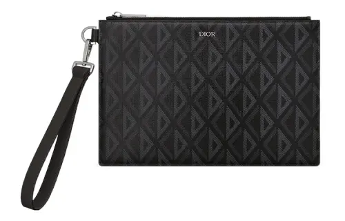 DIOR Smooth Cow Leather, Gray Canvas Clutch Card Holder Document Bag Regular Men's Black