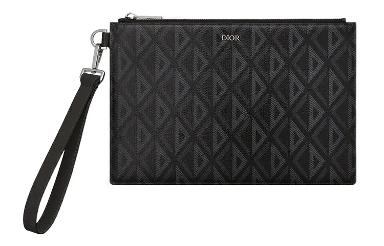 DIOR Smooth Cow Leather, Gray Canvas Clutch Card Holder Document Bag Regular Men's Black