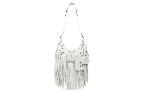 Balenciaga Le Cagole Fringe Sheepskin One Shoulder Handbag Small Women's White
