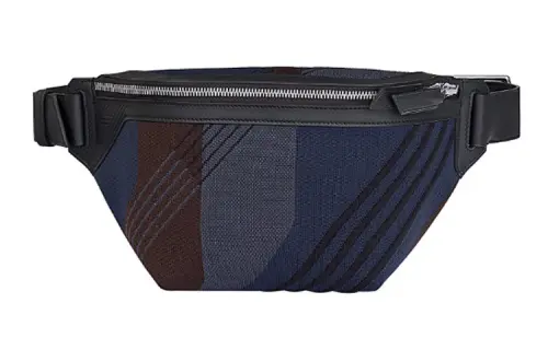 HERMES Cityslide Silver Tone Buckle Cowhide Patchwork Canvas Fanny Pack Men's Blue & Black & Brown
