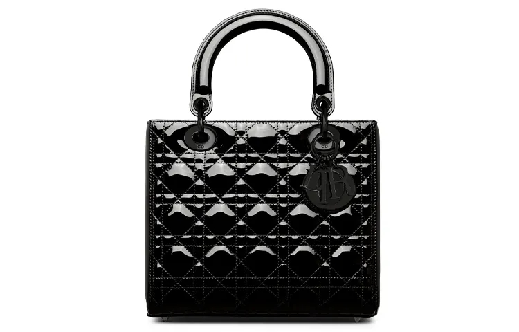 DIOR Lady Dior Shiny Patent Leather, Cow Leather One Shoulder Handbag, Crossbody Bag Medium Women's Pure Black