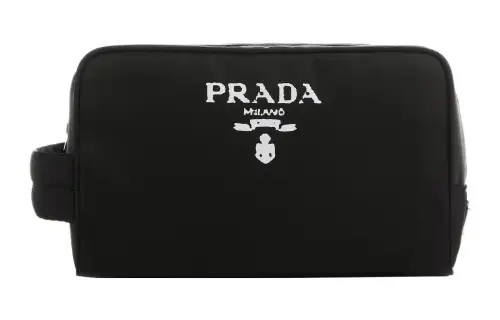 PRADA Recycled Nylon With Leather Clutch, Makeup Bag Women's Black
