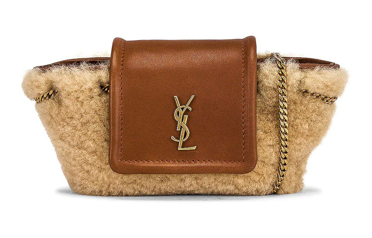 Yves Saint Laurent Lambskin and Shearling Splicing Elements Metal Letter Decoration Chain Shoulder Strap Handbag Women's Khaki