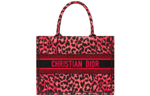 DIOR BookTote Embroidery Leopard Print Tote One Shoulder Handbag Small Women's Raspberry