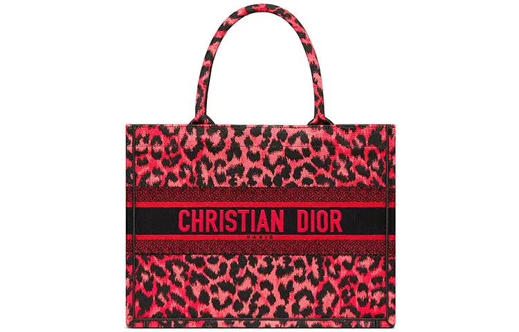 DIOR BookTote Embroidery Leopard Print Tote One Shoulder Handbag Small Women's Raspberry