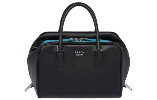 PRADA Cow Leather Handbag Women's Black Blue