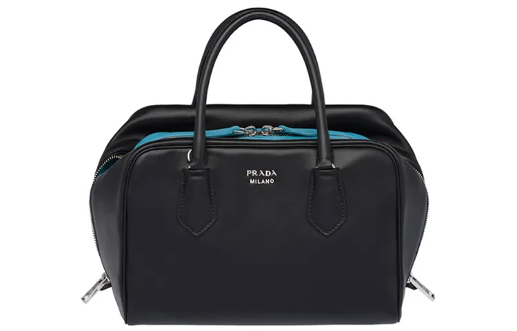 PRADA Cow Leather Handbag Women's Black Blue
