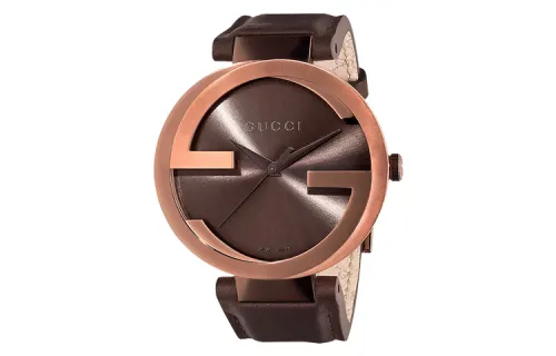 GUCCI Interlocking Wrist Watches Quartz Movement Genuine Leather Strap Coffee Watch Dial Men's Watches
