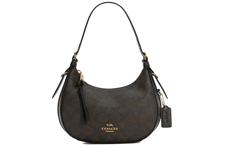 COACH Kleo Coated Canvas With Leather Shoulder Bag, Portable Crossbody Bag Women's Dark Brown