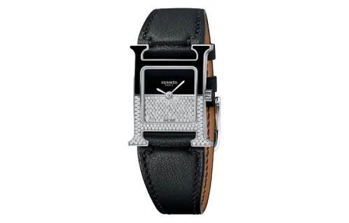 HERMES Heure H Collection Double Jeu Wrist Watches Quartz Movement Cow Leather Strap Black Dial Women's Watch