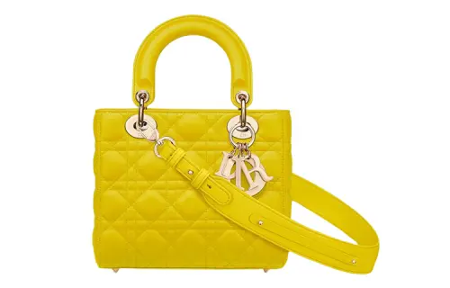 DIOR Lady Dior Sheepskin One Shoulder Handbag Small Women's Mustard Yellow