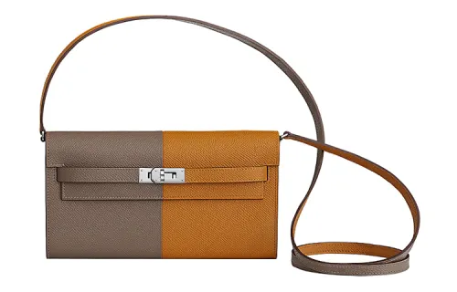 HERMES Kelly To Go Silver Tone Buckle Epsom Leather Crossbody Wallet Regular Women's Elephant Gray & Yellow