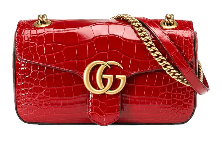 GUCCI Marmont Crocodile Pattern Leather Chain Shoulder Bag, Crossbody Bag Small Women's Red