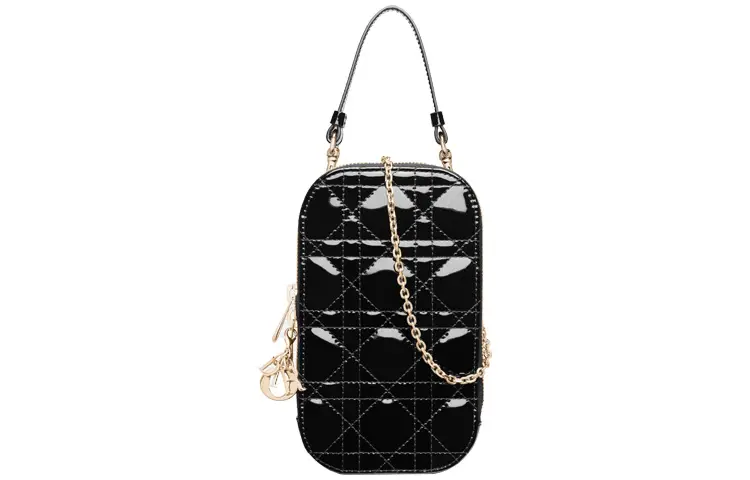 DIOR Lady Dior Patent Leather, Cow Leather One Shoulder Crossbody Handheld Cell Phone Pouch Women's Black