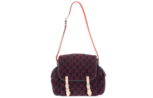 GUCCI Wool Patchwork Leather Mibao Shoulder Bag, Crossbody Bag, Travel Bag Women's Dark Blue/Red