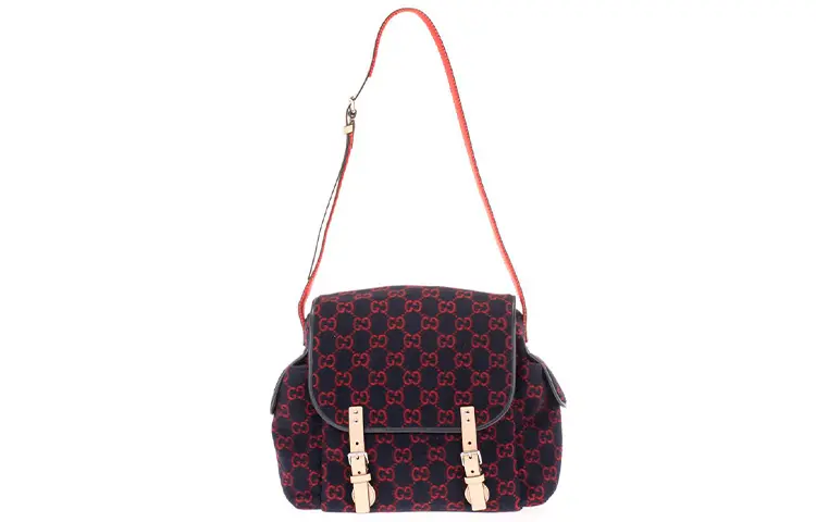 GUCCI Wool Patchwork Leather Mibao Shoulder Bag, Crossbody Bag, Travel Bag Women's Dark Blue/Red