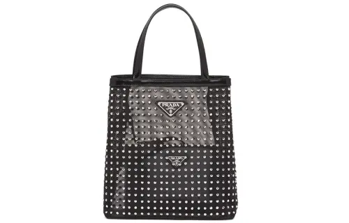 PRADA Mesh Textile, Leather Tote Bag, Shopping Bag, Combo Bag, Handbag Small Women's Black