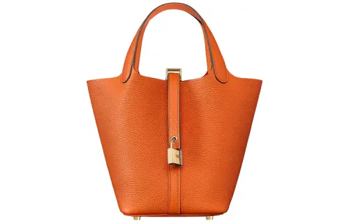 HERMES Picotin Lock Clemence Bullock Leather Basket Bag, Bucket Bag, Handbag 18 Women's 9J Feu Flame Orange