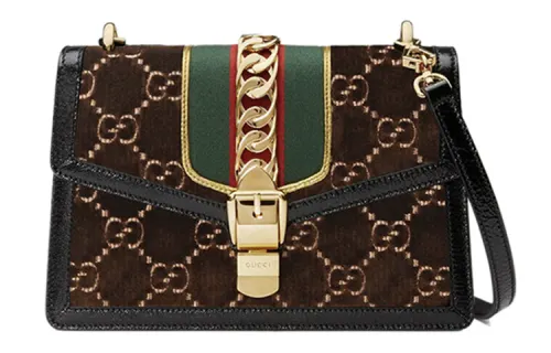 GUCCI Sylvie Velvet With Leather Shoulder Bag, Handbag, Crossbody Bag Small Women's Brown
