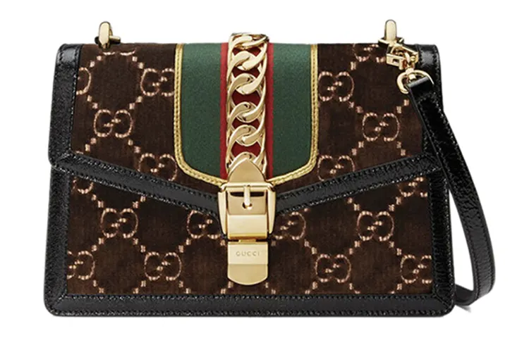GUCCI Sylvie Velvet With Leather Shoulder Bag, Handbag, Crossbody Bag Small Women's Brown