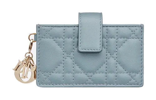 DIOR Lady Dior Wicker Pattern Sheepskin Card Holder Women's Light Blue
