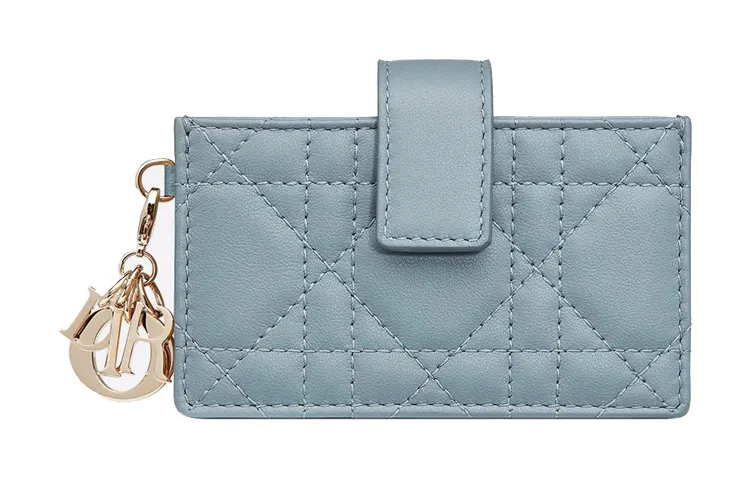 DIOR Lady Dior Wicker Pattern Sheepskin Card Holder Women's Light Blue