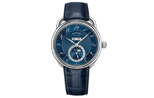 HERMES Arceau Grande Lune Wrist Watches Automatic Mechanical Movement Genuine Leather Strap Blue Dial Men's Watches