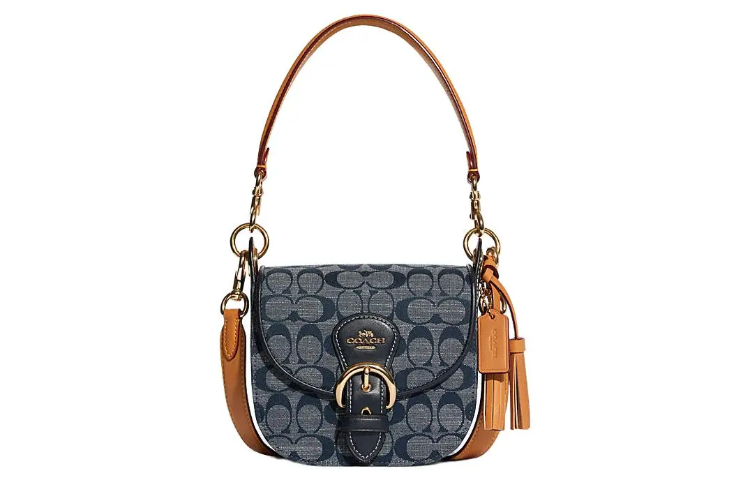 COACH Kleo Canvas With Leather Shoulder Bag Women's Dark Blue & Black