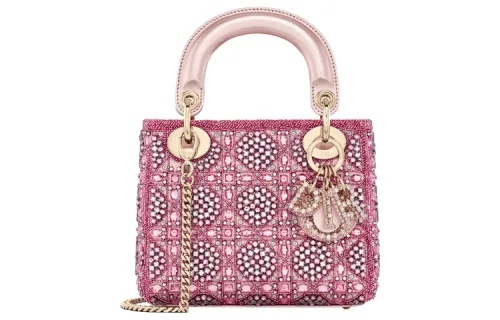 DIOR Lady Dior Metallic Calfskin And Satin Handbag Chain Handbag, Shoulder Bag, Crossbody Bag Mini Women's Pink
