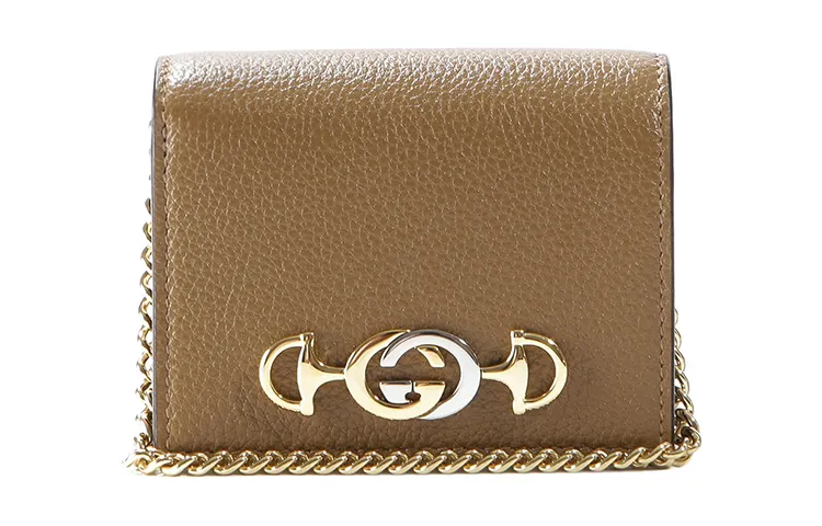 GUCCI Arli Grain Leather Chain Wallet Handbag Card Holder Women's Brown