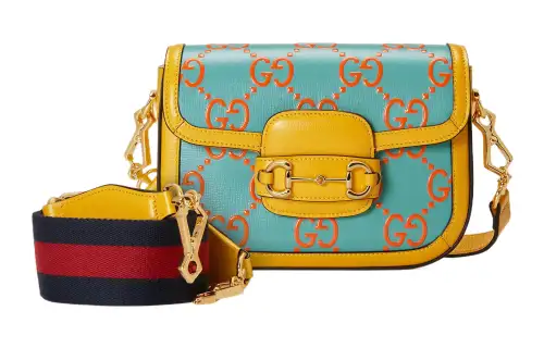 GUCCI Leather Crossbody Bag, Shoulder Bag Mini Unisex Light Blue & Orange