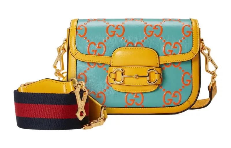 GUCCI Leather Crossbody Bag, Shoulder Bag Mini Unisex Light Blue & Orange