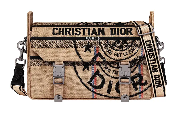 DIOR DiorCamp Jute Canvas Embroidery Canvas Bag, Messenger Bag, Shoulder Bag, Crossbody Bag Small Unisex Beige