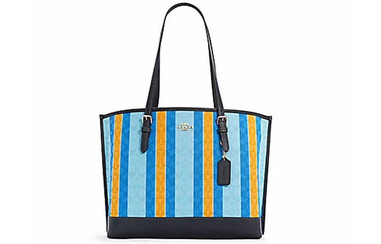 COACH Mollie Fabric With Leather Tote Bag, Shopping Bag Shoulder Bags Large Women's Yellow & Blue Mixed Color