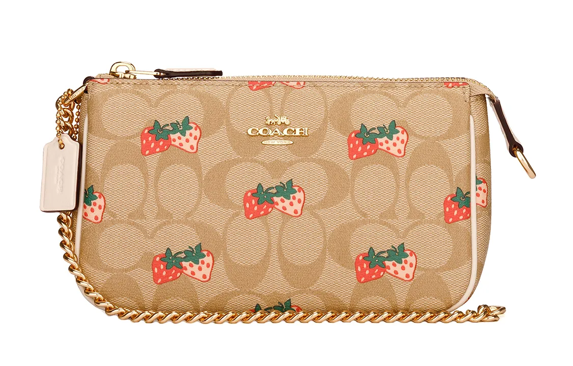 COACH Wristlet Leather Pochette One Shoulder Crossbody Chain Wrist Bag Clutch Small Women's Khaki