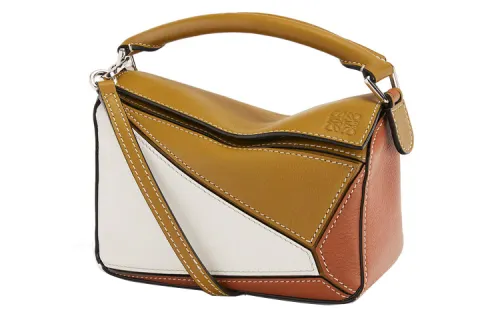 LOEWE Puzzle Cow Leather Geometric Bag, Portable Crossbody Bag, Shoulder Bag Mini Women's White/Brown