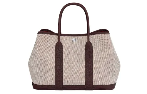 HERMES Garden Party Officier Canvas With Negonda Calfskin Handbag 30 Women's Light Beige/Raspberry Red