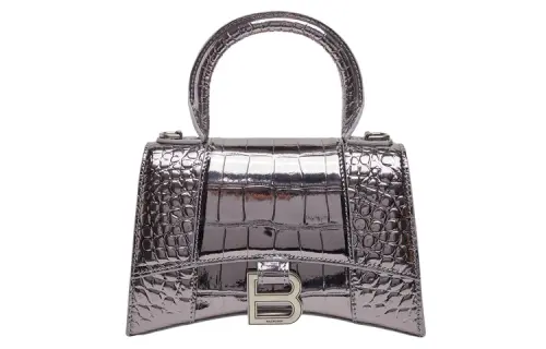 Balenciaga Hourglass Cow Leather Handbag Extra Small Women's Silver Black