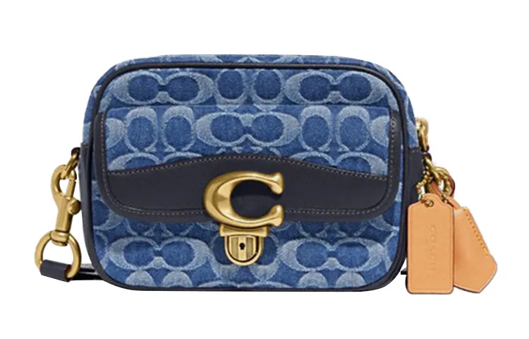 COACH Studio Denim With Cow Leather Camera Bag, One Shoulder Bag Crossbody Bags Medium Men's Blue