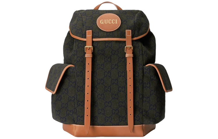 GUCCI Wool Patchwork Leather Backpack Unisex Dark Green/Brown